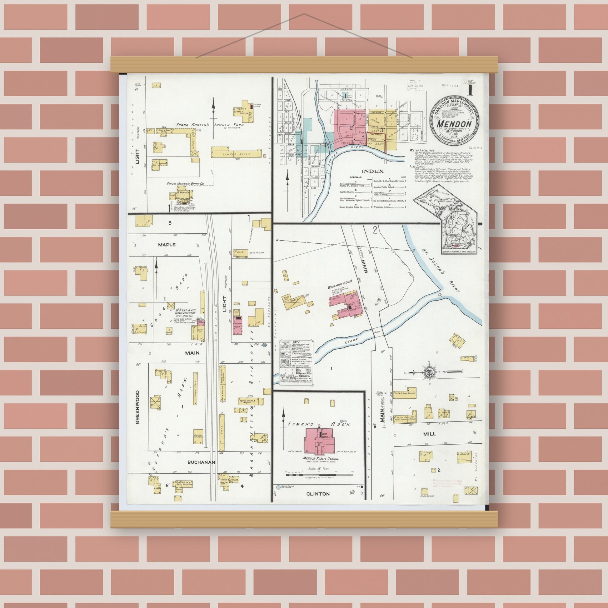 Old map wall art mockup — magnetic wood frame on brick wall — Sanborn Fire Insurance Map from Mendon, Saint Joseph County, Michigan (1918) - Complete Map Set