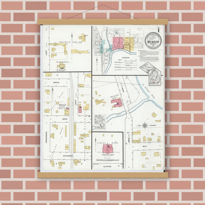Old map wall art mockup — magnetic wood frame on brick wall — Sanborn Fire Insurance Map from Mendon, Saint Joseph County, Michigan (1918) - Complete Map Set
