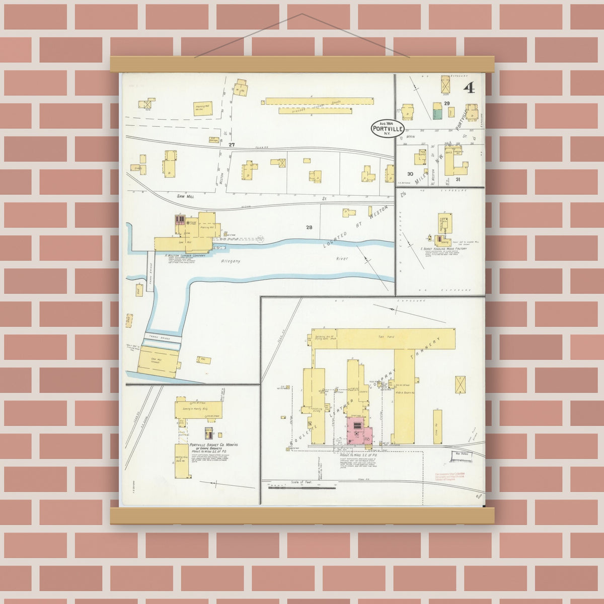 Old map wall art mockup — magnetic wood frame on brick wall — Sanborn Fire Insurance Map from Portville, Cattaraugus County, New York (1904), Sheet #0004