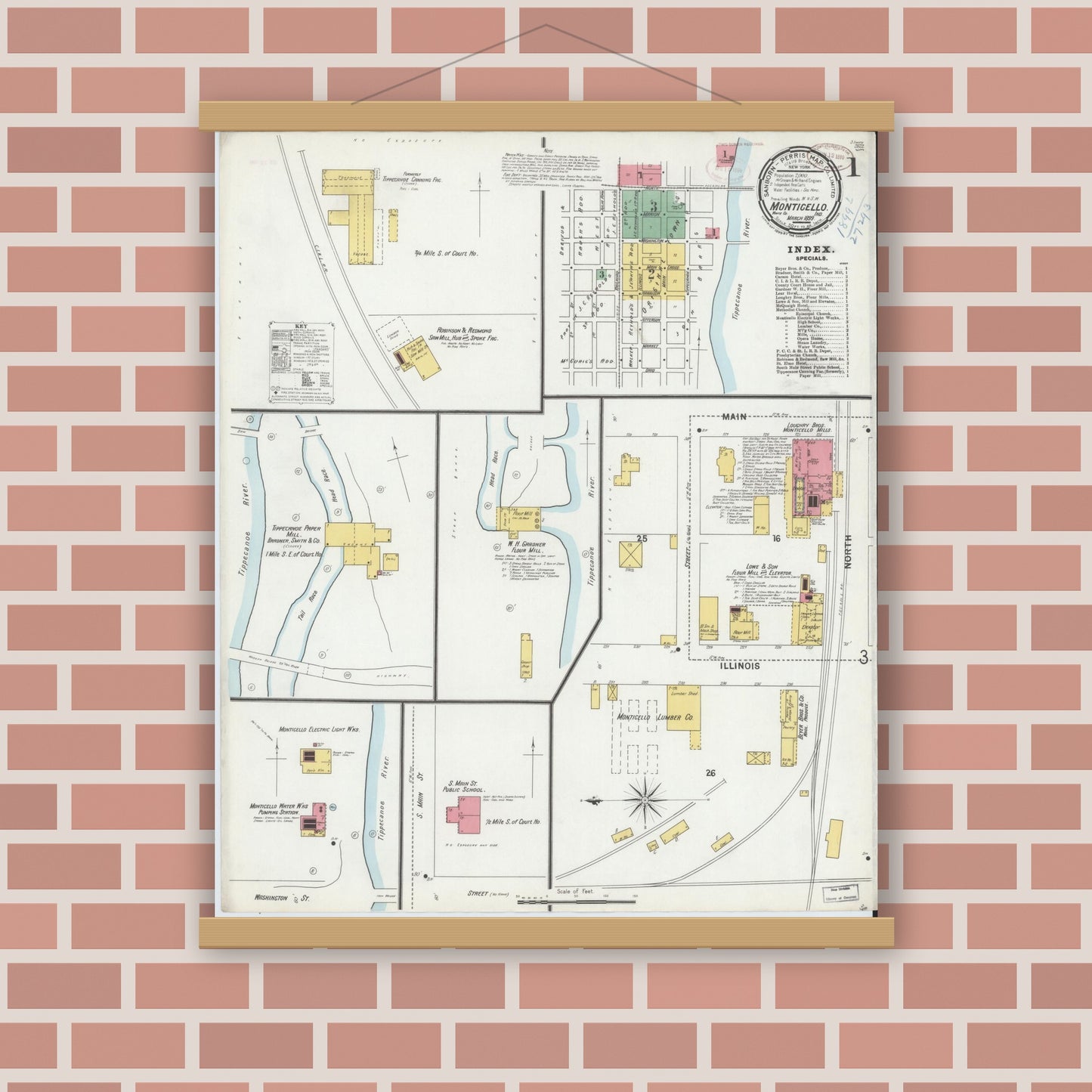 Old map wall art mockup — magnetic wood frame on brick wall — Sanborn Fire Insurance Map from Monticello, White County, Indiana (1899), Sheet #0001