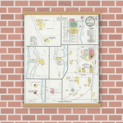 Old map wall art mockup — magnetic wood frame on brick wall — Sanborn Fire Insurance Map from Monticello, White County, Indiana (1899), Sheet #0001