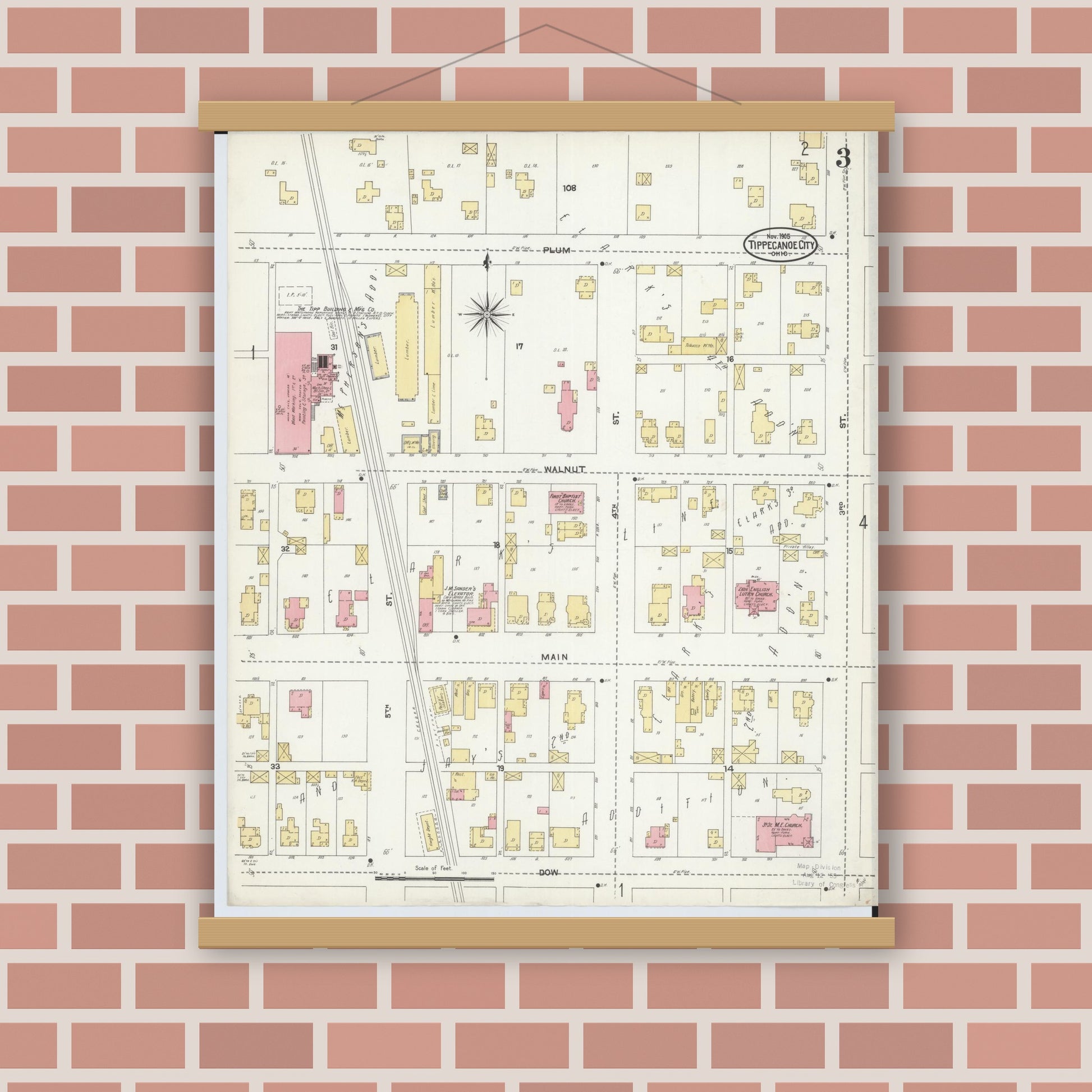 Old map wall art mockup — magnetic wood frame on brick wall — Sanborn Fire Insurance Map from Tipp City, Miami County, Ohio (1905), Sheet #0003