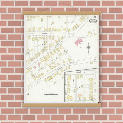 Old map wall art mockup — magnetic wood frame on brick wall — Sanborn Fire Insurance Map from Cambridge, Guernsey County, Ohio (1909), Sheet #0013