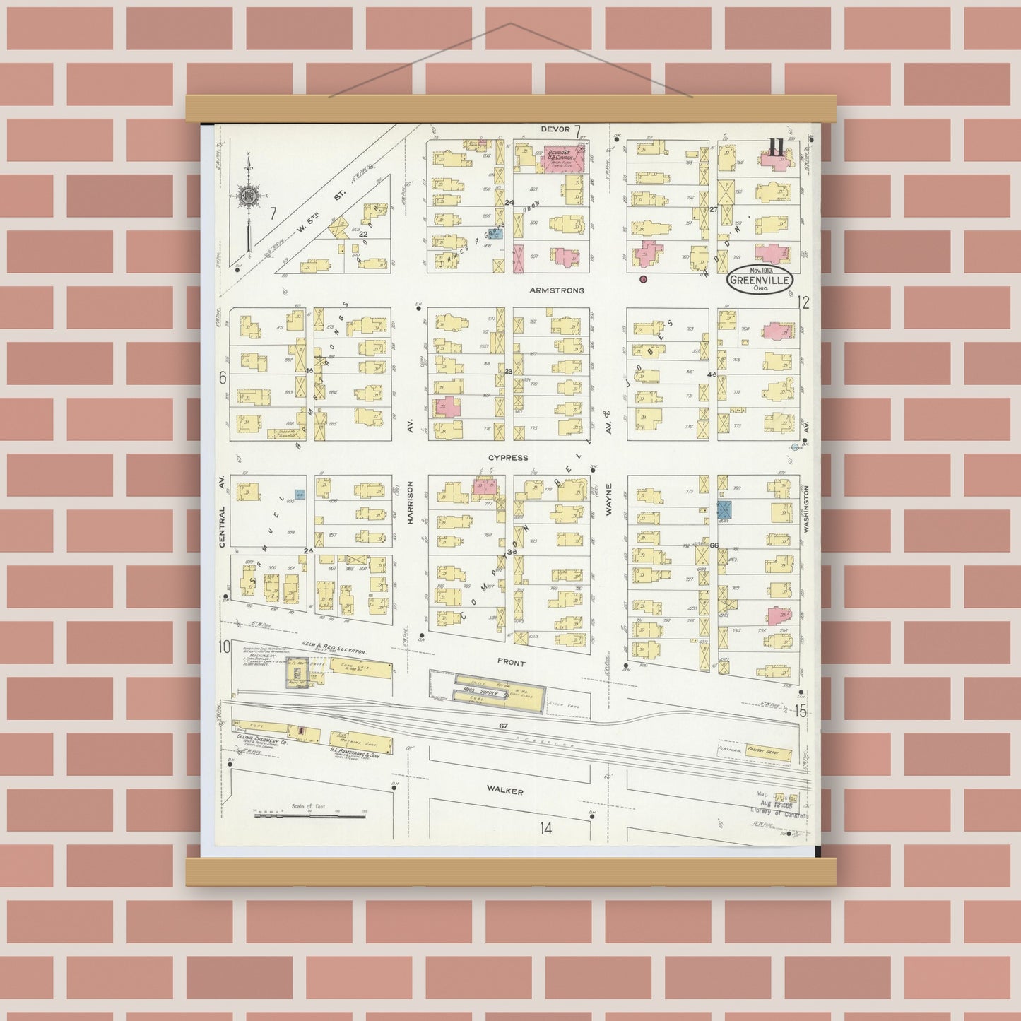 Old map wall art mockup — magnetic wood frame on brick wall — Sanborn Fire Insurance Map from Greenville, Darke County, Ohio (1910), Sheet #0011