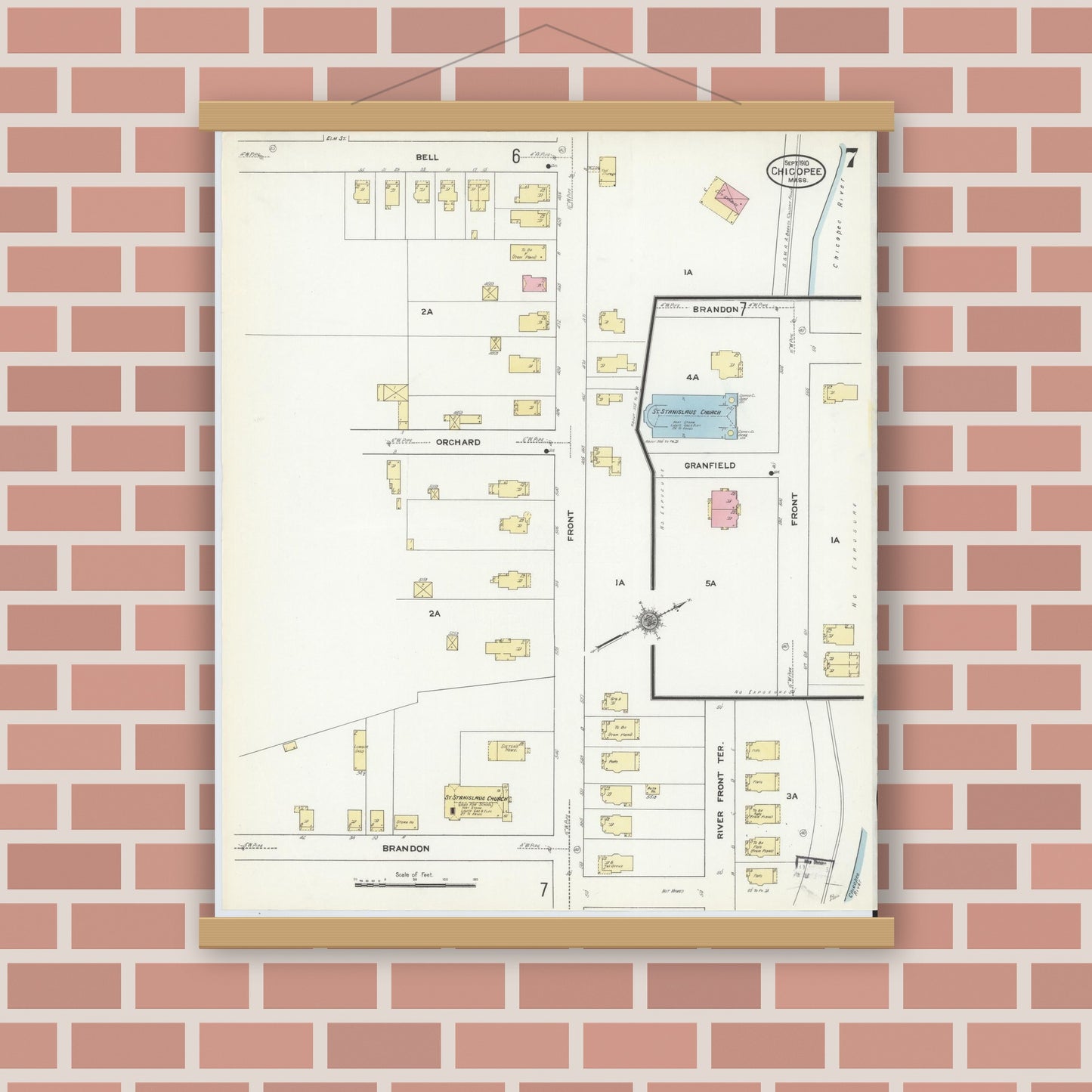 Old map wall art mockup — magnetic wood frame on brick wall — Sanborn Fire Insurance Map from Chicopee, Hampden County, Massachusetts (1910), Sheet #0007