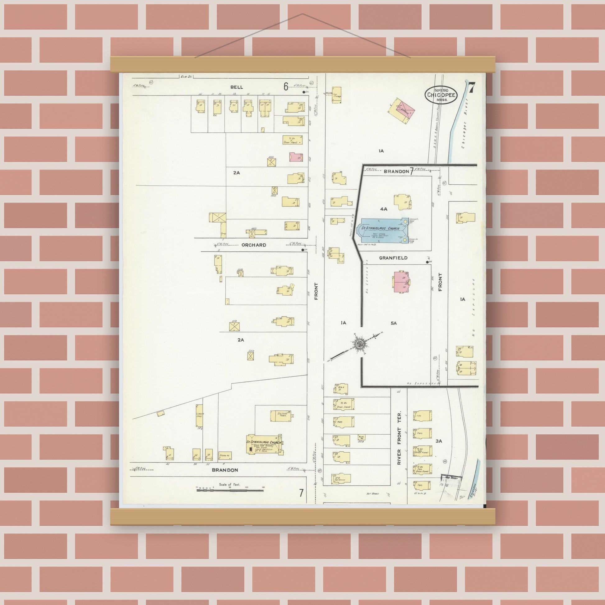 Old map wall art mockup — magnetic wood frame on brick wall — Sanborn Fire Insurance Map from Chicopee, Hampden County, Massachusetts (1910), Sheet #0007