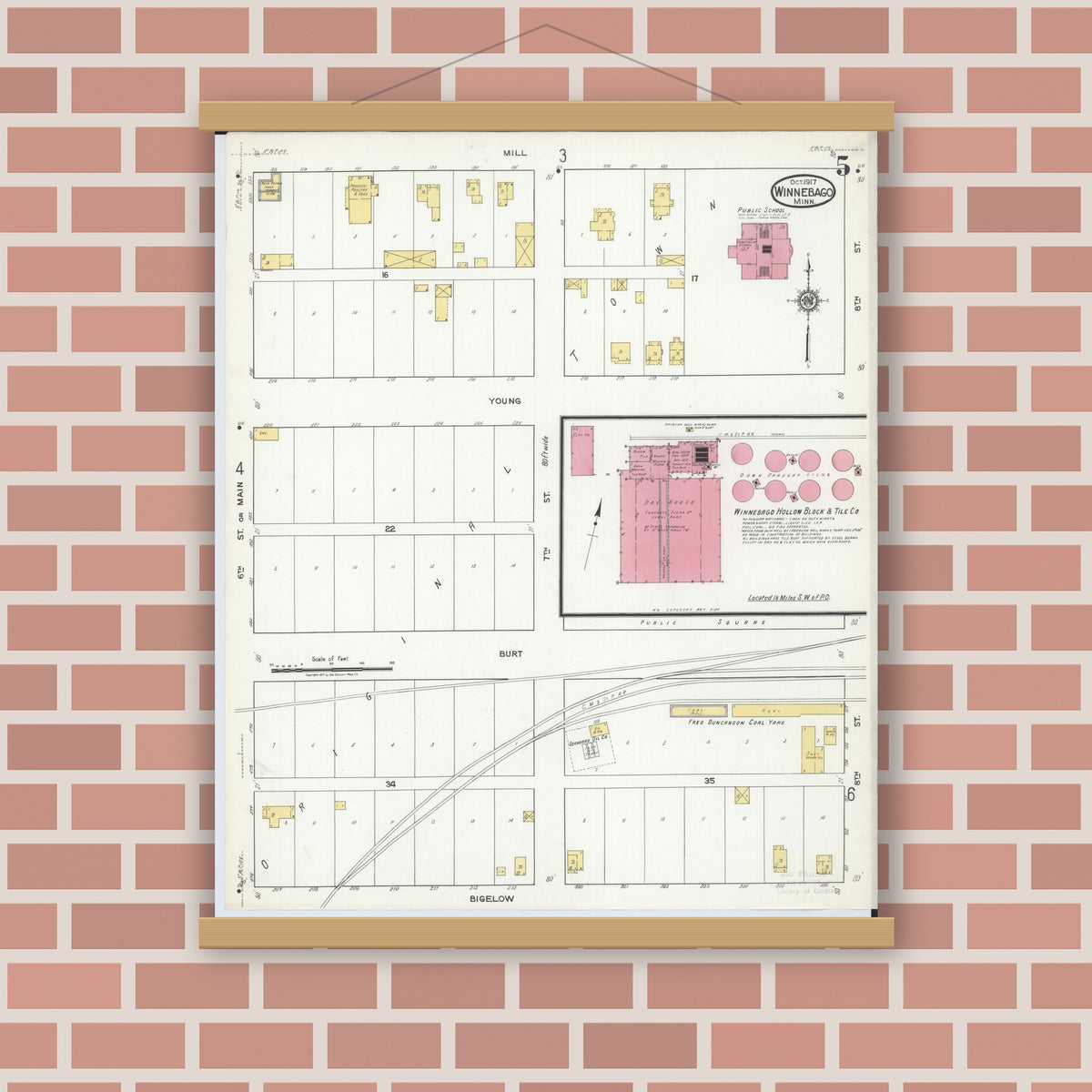 Old map wall art mockup — magnetic wood frame on brick wall — Sanborn Fire Insurance Map from Winnebago, Faribault County, Minnesota (1917), Sheet #0005
