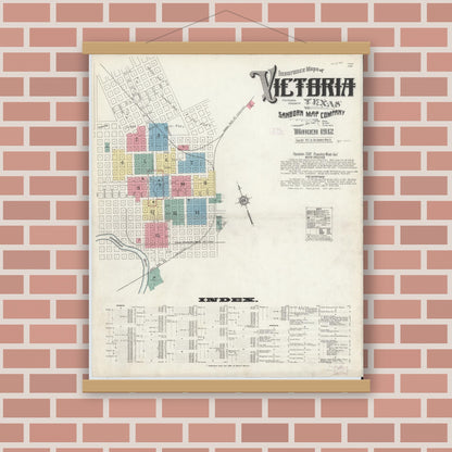 Old map wall art mockup — magnetic wood frame on brick wall — Sanborn Fire Insurance Map from Victoria, Victoria County, Texas (1912) - Complete Map Set