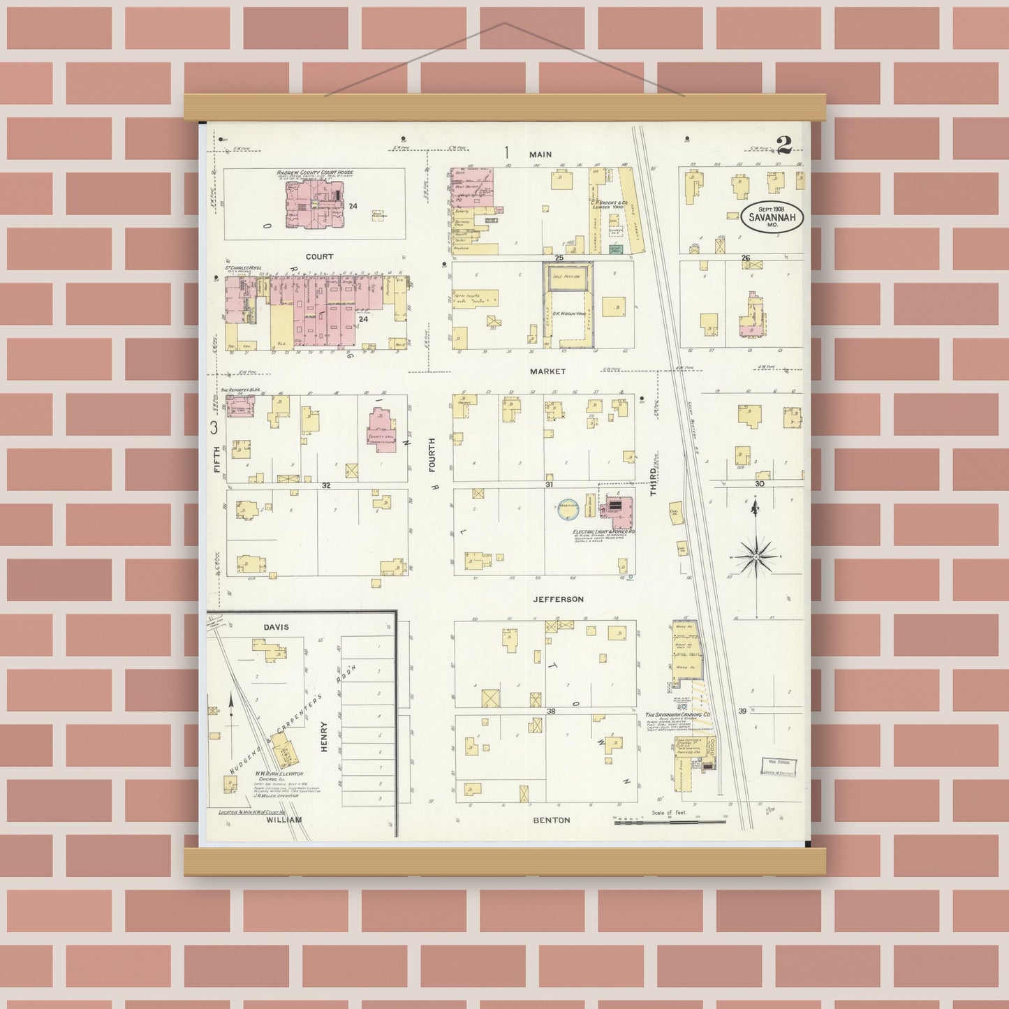Old map wall art mockup — magnetic wood frame on brick wall — Sanborn Fire Insurance Map from Savannah, Andrew County, Missouri (1908), Sheet #0002