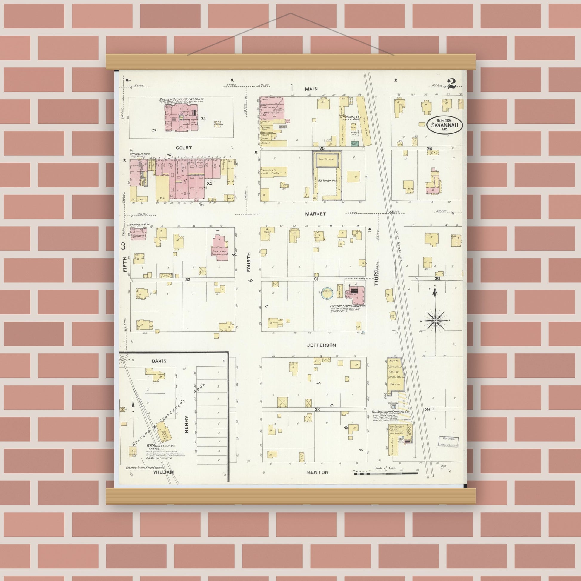Old map wall art mockup — magnetic wood frame on brick wall — Sanborn Fire Insurance Map from Savannah, Andrew County, Missouri (1908), Sheet #0002