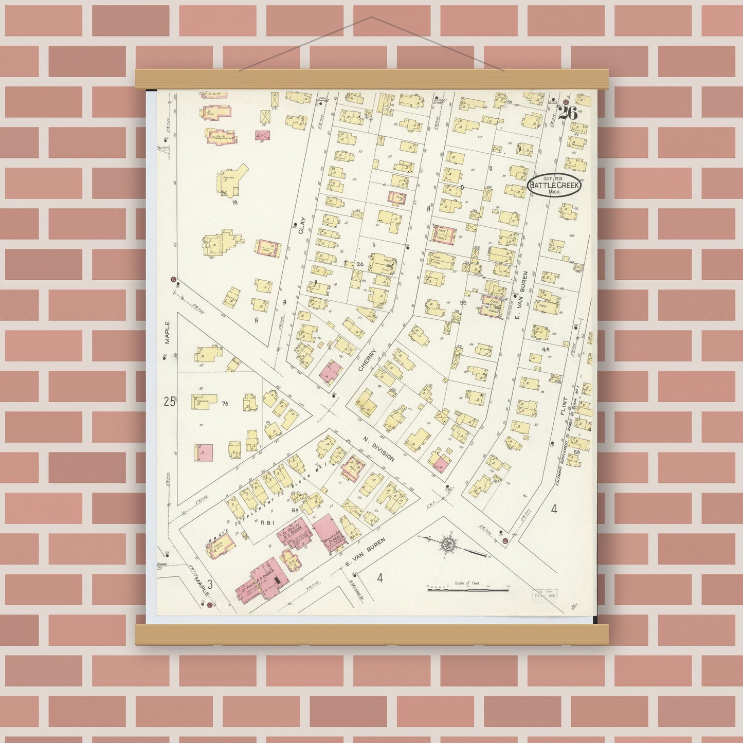 Old map wall art mockup — magnetic wood frame on brick wall — Sanborn Fire Insurance Map from Battle Creek, Calhoun County, Michigan (1913), Sheet #0026