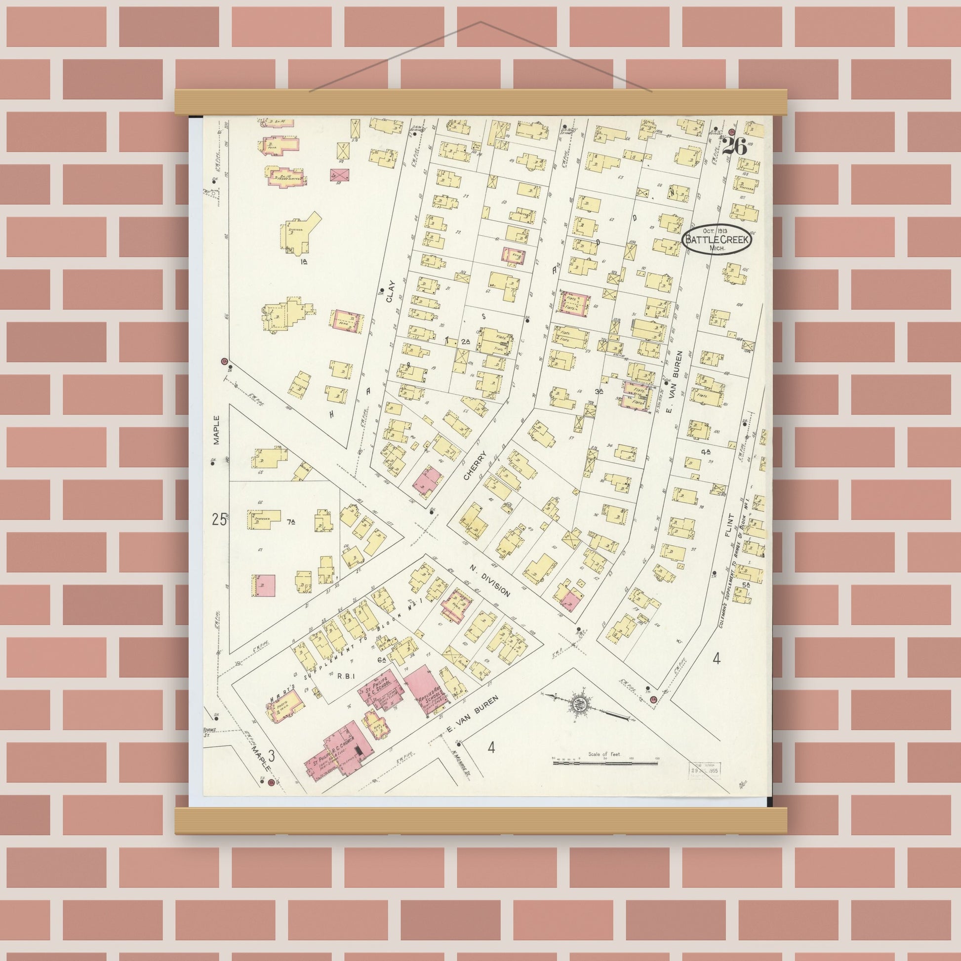 Old map wall art mockup — magnetic wood frame on brick wall — Sanborn Fire Insurance Map from Battle Creek, Calhoun County, Michigan (1913), Sheet #0026