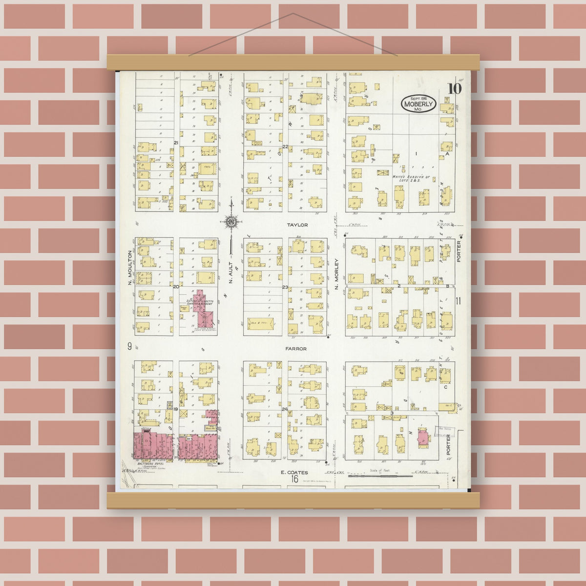 Old map wall art mockup — magnetic wood frame on brick wall — Sanborn Fire Insurance Map from Moberly, Randolph County, Missouri (1916), Sheet #0010