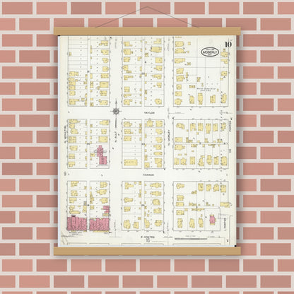 Old map wall art mockup — magnetic wood frame on brick wall — Sanborn Fire Insurance Map from Moberly, Randolph County, Missouri (1916), Sheet #0010