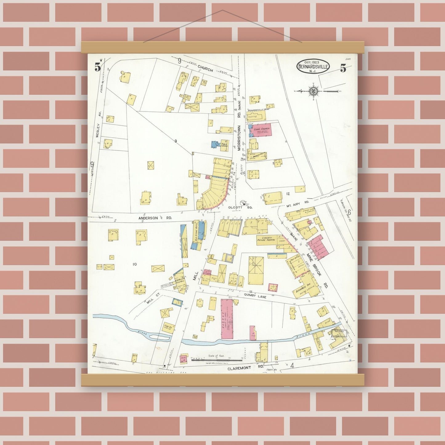Old map wall art mockup — magnetic wood frame on brick wall — Sanborn Fire Insurance Map from Bernardsville, Somerset County, New Jersey (1923), Sheet #0005