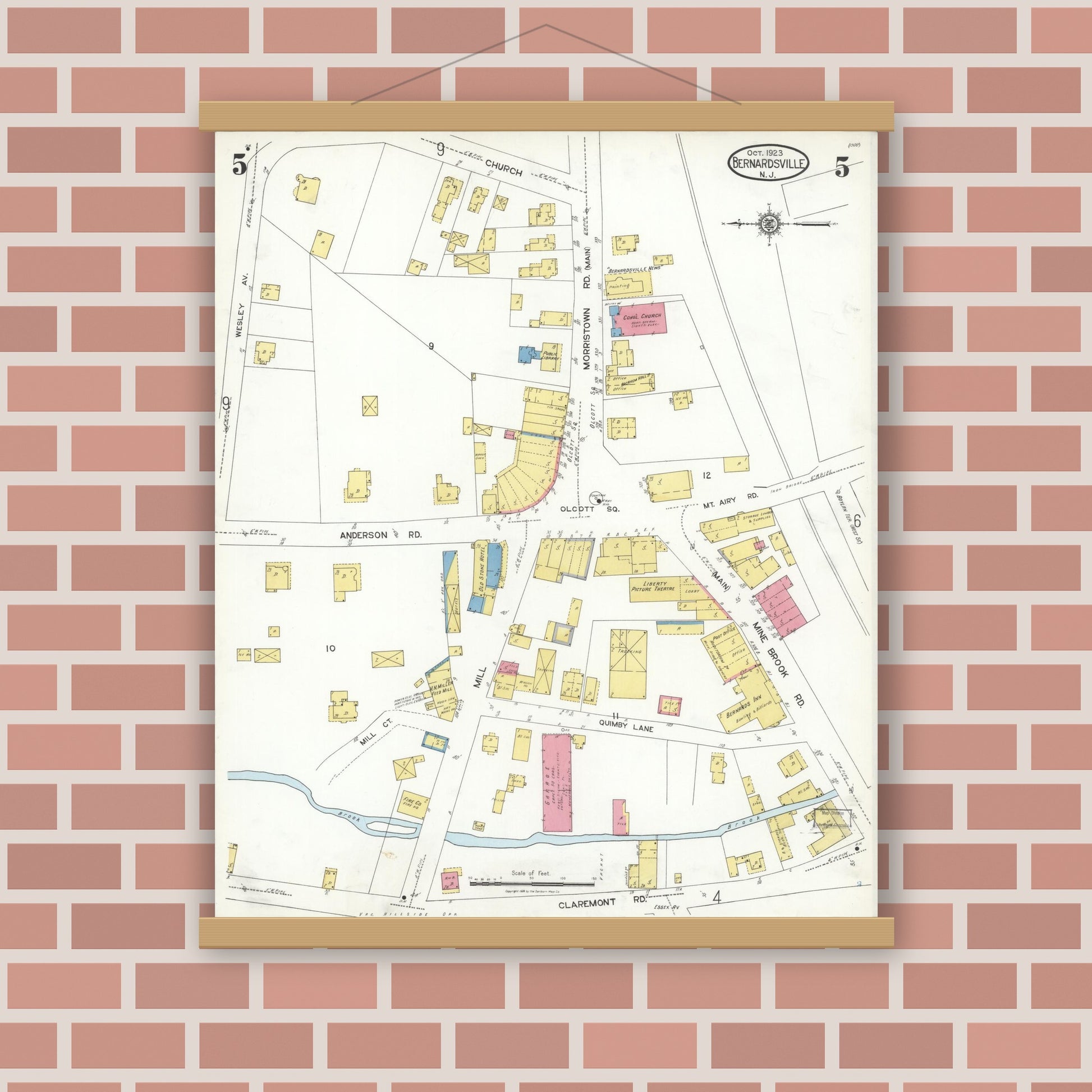Old map wall art mockup — magnetic wood frame on brick wall — Sanborn Fire Insurance Map from Bernardsville, Somerset County, New Jersey (1923), Sheet #0005