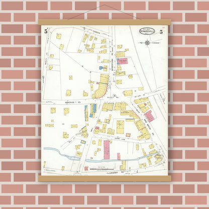 Old map wall art mockup — magnetic wood frame on brick wall — Sanborn Fire Insurance Map from Bernardsville, Somerset County, New Jersey (1923), Sheet #0005