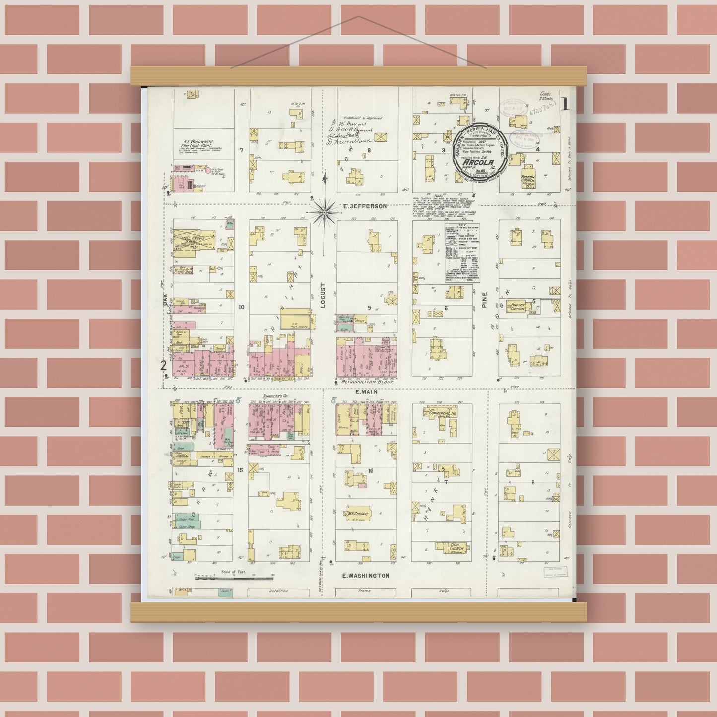 Old map wall art mockup — magnetic wood frame on brick wall — Sanborn Fire Insurance Map from Arcola, Douglas County, Illinois (1897) - Complete Map Set