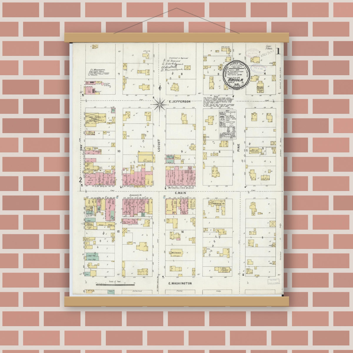 Old map wall art mockup — magnetic wood frame on brick wall — Sanborn Fire Insurance Map from Arcola, Douglas County, Illinois (1897) - Complete Map Set