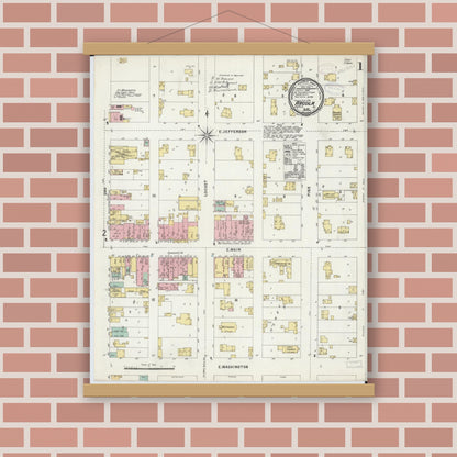 Old map wall art mockup — magnetic wood frame on brick wall — Sanborn Fire Insurance Map from Arcola, Douglas County, Illinois (1897) - Complete Map Set