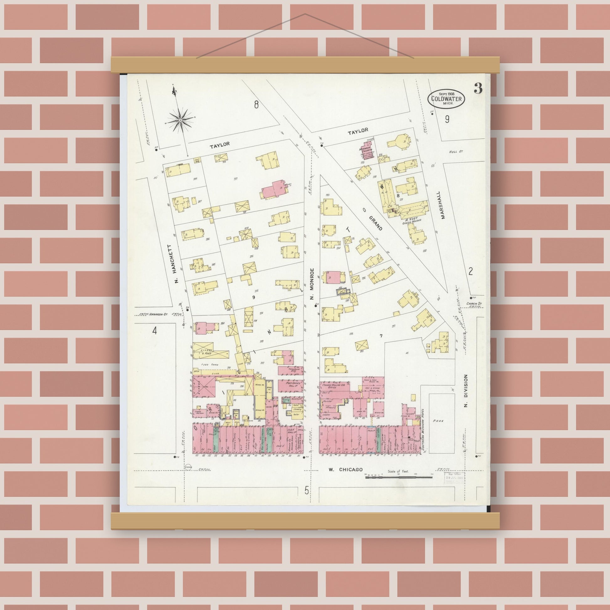 Old map wall art mockup — magnetic wood frame on brick wall — Sanborn Fire Insurance Map from Coldwater, Branch County, Michigan (1908), Sheet #0003