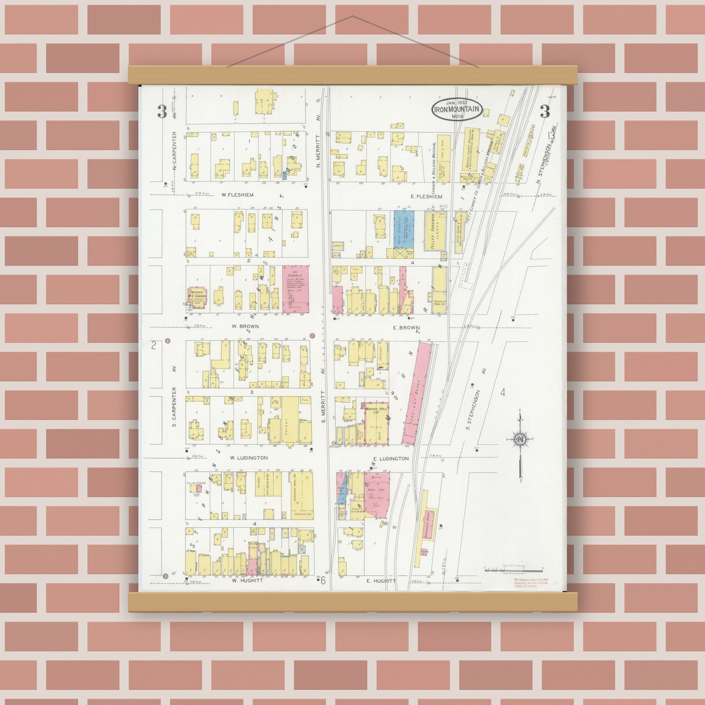 Old map wall art mockup — magnetic wood frame on brick wall — Sanborn Fire Insurance Map from Iron Mountain, Dickinson County, Michigan (1930), Sheet #0003