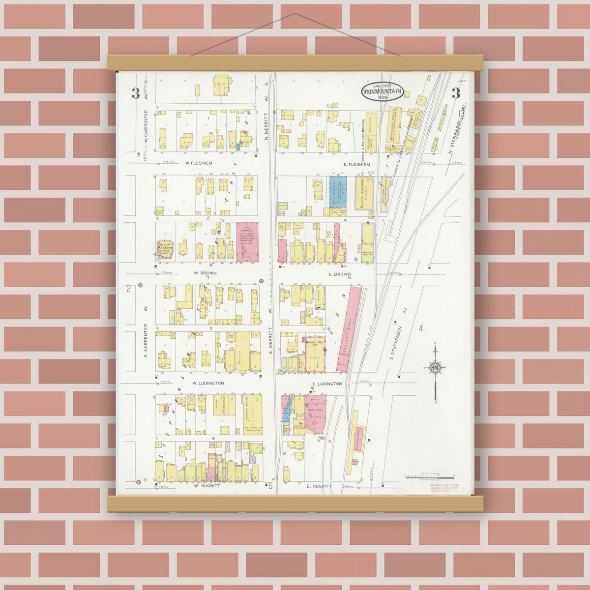 Old map wall art mockup — magnetic wood frame on brick wall — Sanborn Fire Insurance Map from Iron Mountain, Dickinson County, Michigan (1930), Sheet #0003