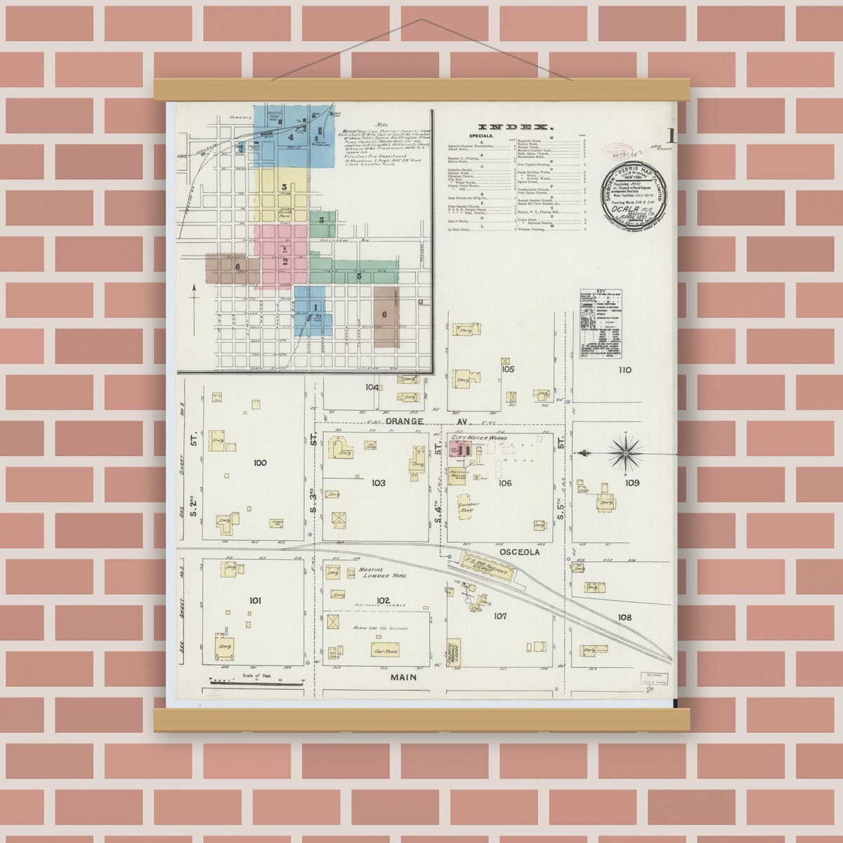 Old map wall art mockup — magnetic wood frame on brick wall — Sanborn Fire Insurance Map from Ocala, Marion County, Florida (1891) - Complete Map Set