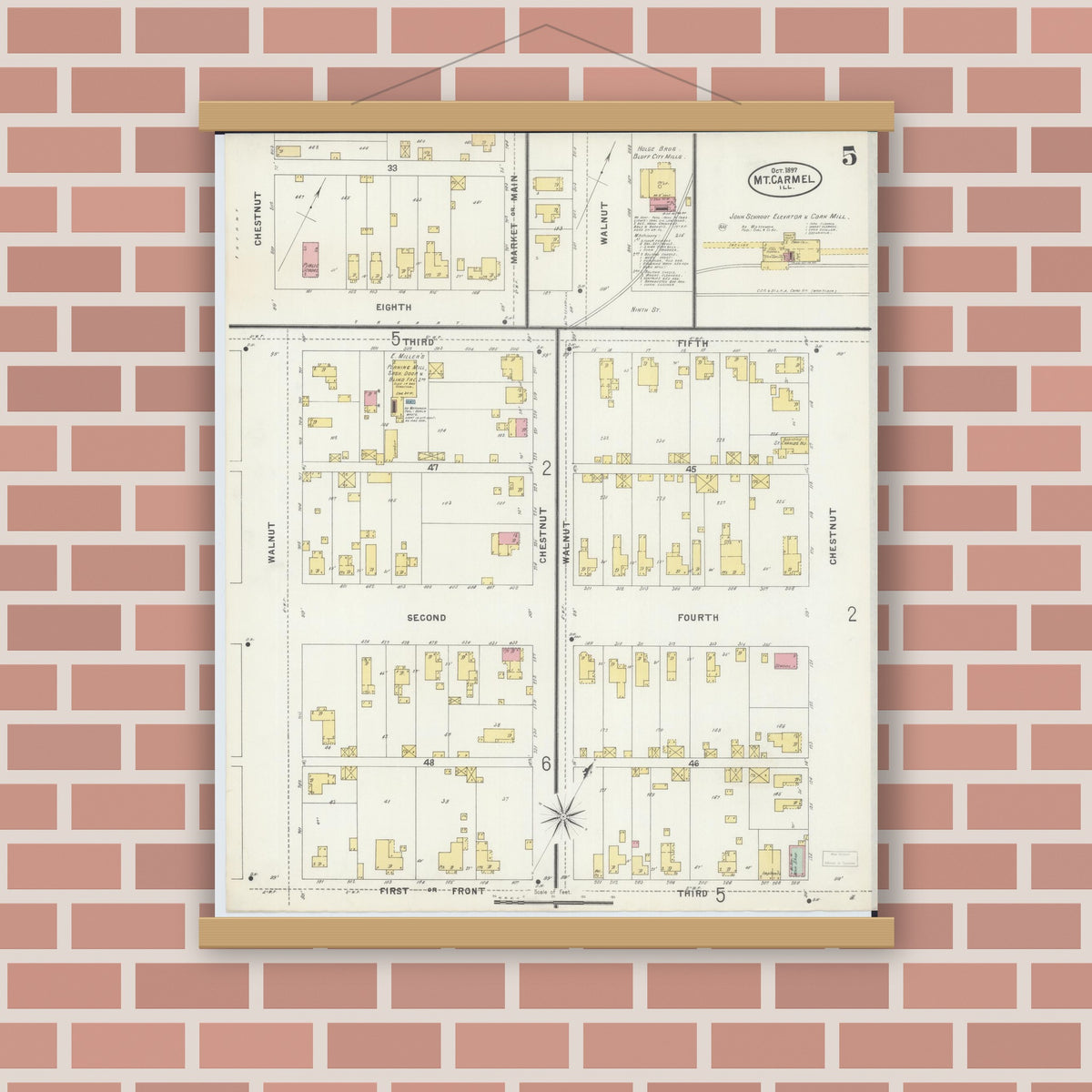 Old map wall art mockup — magnetic wood frame on brick wall — Sanborn Fire Insurance Map from Mount Carmel, Wabash County, Illinois (1897), Sheet #0005