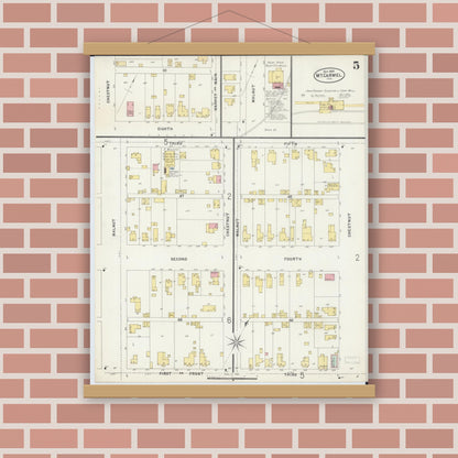Old map wall art mockup — magnetic wood frame on brick wall — Sanborn Fire Insurance Map from Mount Carmel, Wabash County, Illinois (1897), Sheet #0005