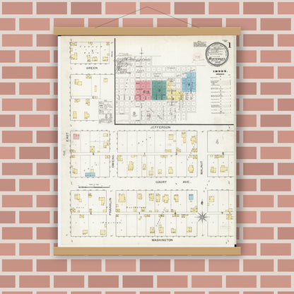 Old map wall art mockup — magnetic wood frame on brick wall — Sanborn Fire Insurance Map from Winterset, Madison County, Iowa (1893), Sheet #0001