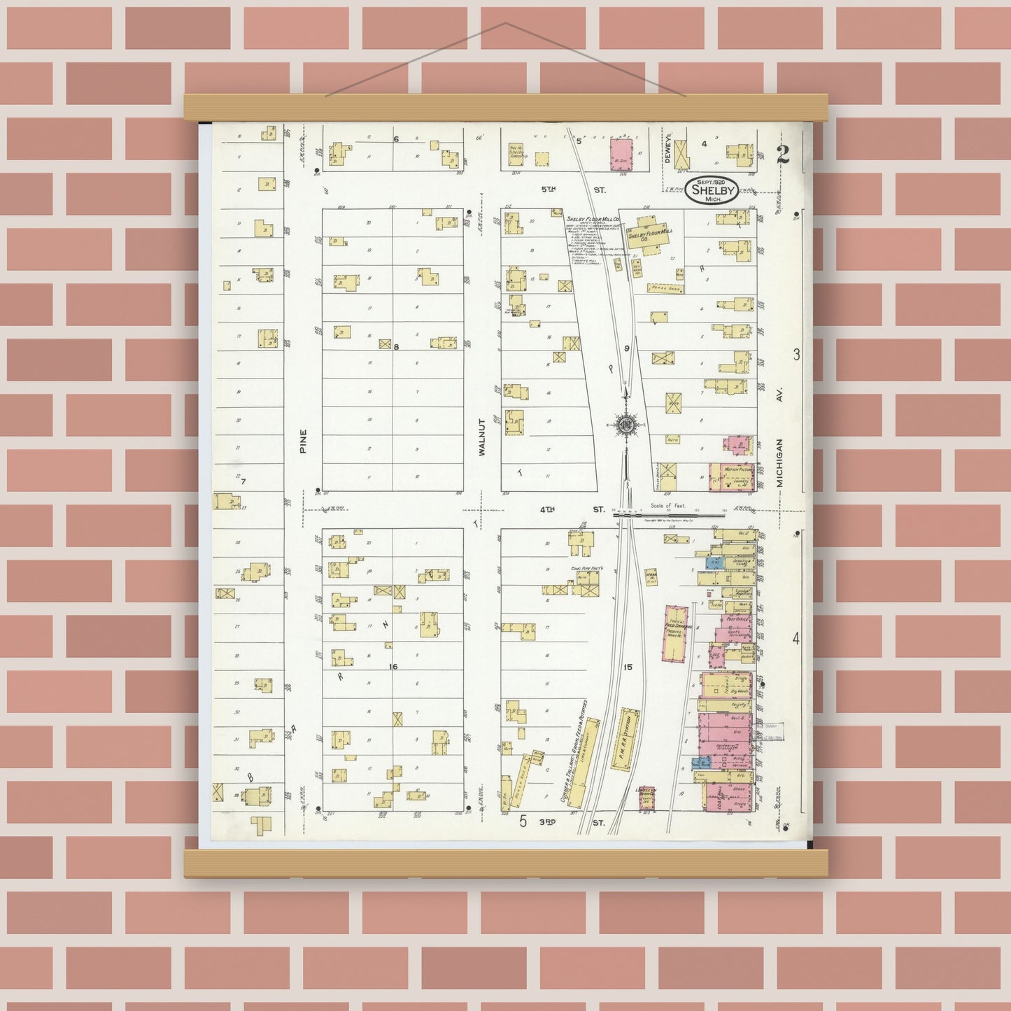 Old map wall art mockup — magnetic wood frame on brick wall — Sanborn Fire Insurance Map from Shelby, Oceana County, Michigan (1920), Sheet #0002