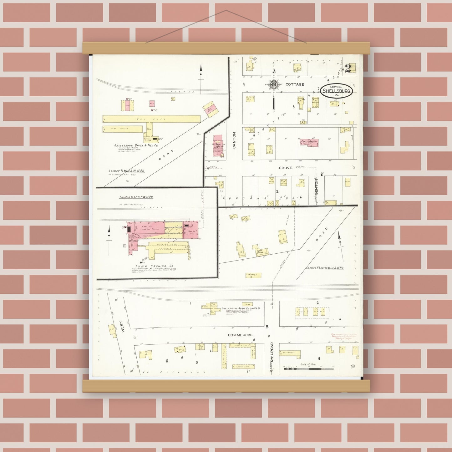 Old map wall art mockup — magnetic wood frame on brick wall — Sanborn Fire Insurance Map from Shellsburg, Benton County, Iowa (1913), Sheet #0002