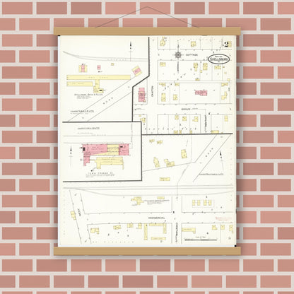 Old map wall art mockup — magnetic wood frame on brick wall — Sanborn Fire Insurance Map from Shellsburg, Benton County, Iowa (1913), Sheet #0002