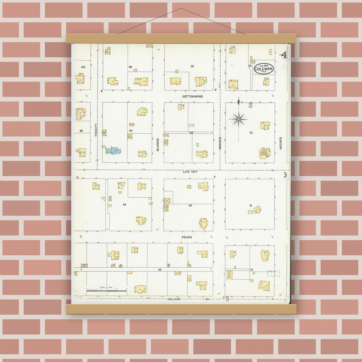 Old map wall art mockup — magnetic wood frame on brick wall — Sanborn Fire Insurance Map from Coleman, Coleman County, Texas (1904), Sheet #0004