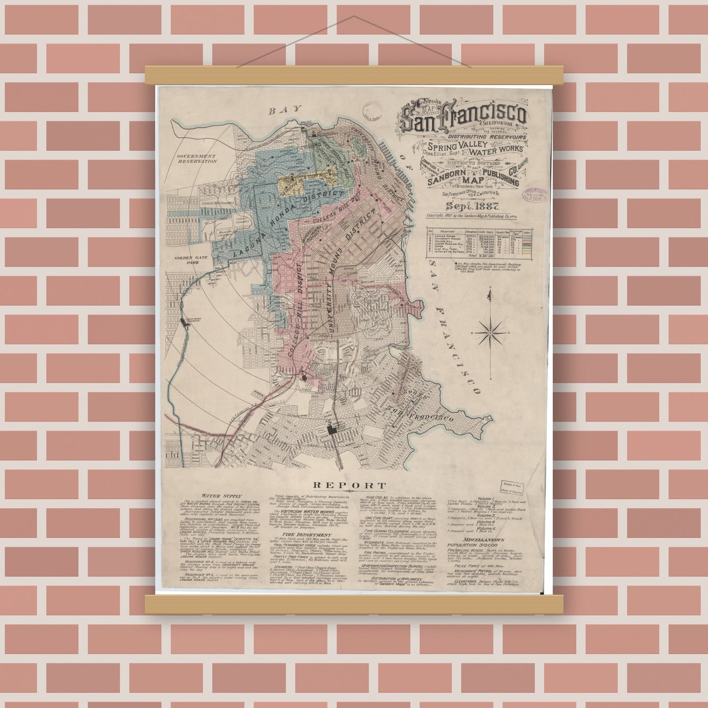 Old map wall art mockup — magnetic wood frame on brick wall — Sanborn Fire Insurance Map from San Francisco, San Francisco County, California (1887) - Complete Map Set
