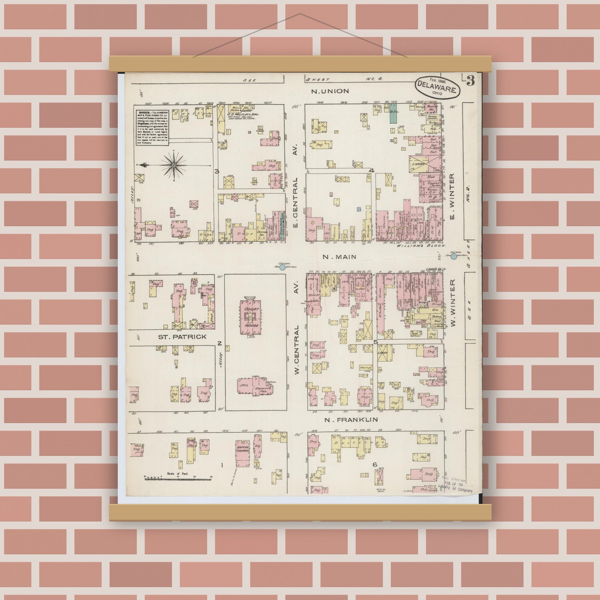 Old map wall art mockup — magnetic wood frame on brick wall — Sanborn Fire Insurance Map from Delaware, Delaware County, Ohio (1885), Sheet #0003