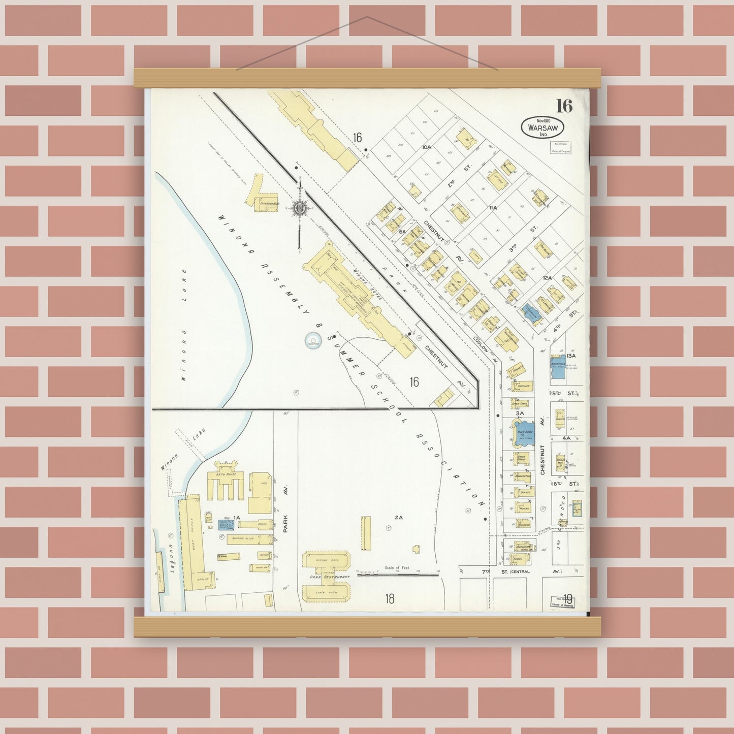 Old map wall art mockup — magnetic wood frame on brick wall — Sanborn Fire Insurance Map from Warsaw, Kosciusko County, Indiana (1910), Sheet #0016