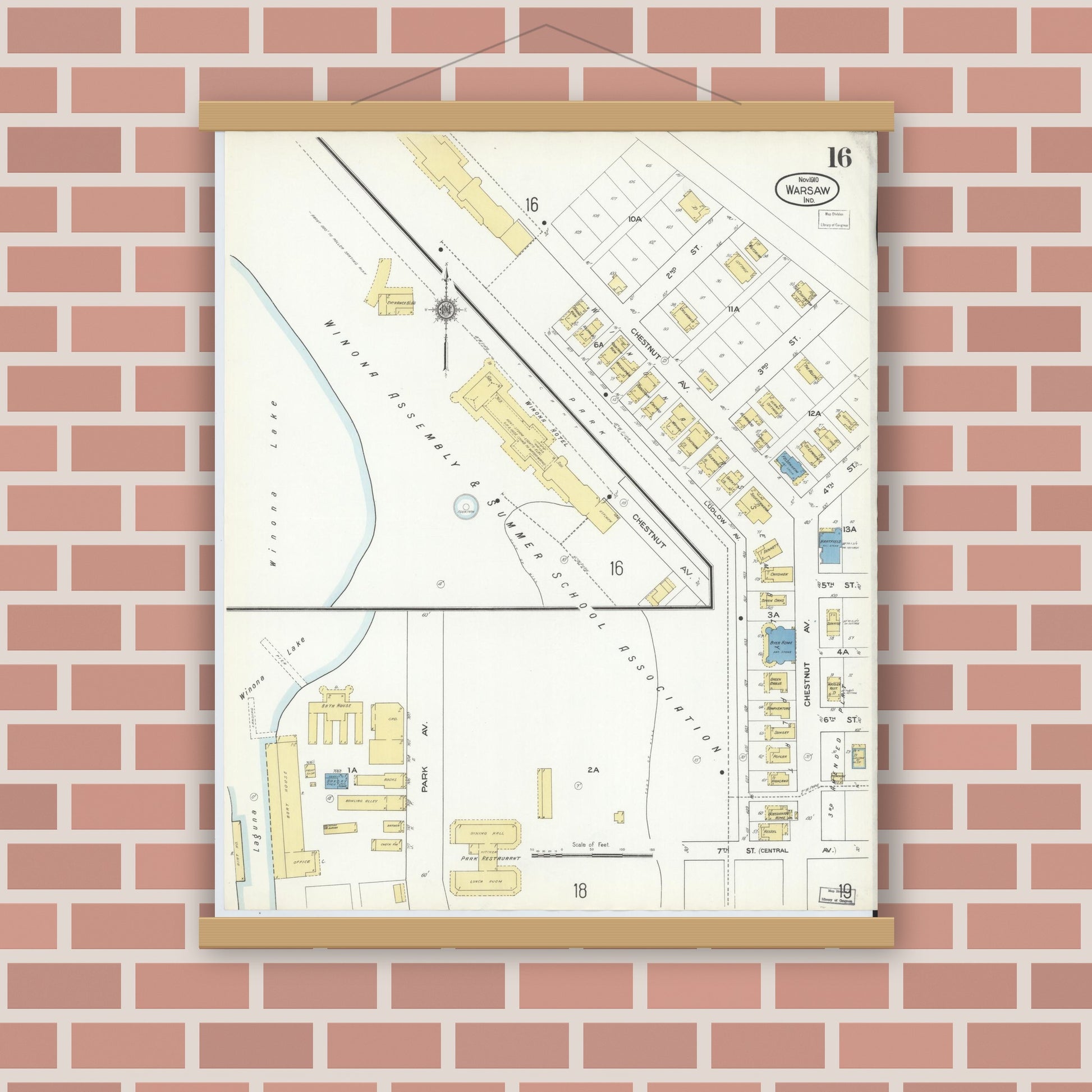 Old map wall art mockup — magnetic wood frame on brick wall — Sanborn Fire Insurance Map from Warsaw, Kosciusko County, Indiana (1910), Sheet #0016