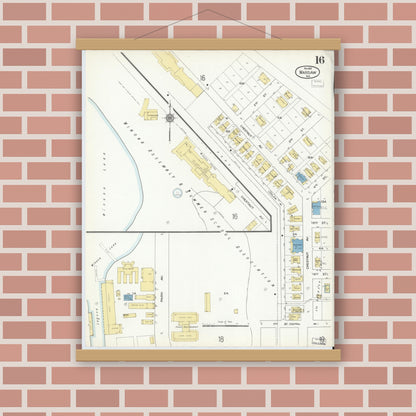 Old map wall art mockup — magnetic wood frame on brick wall — Sanborn Fire Insurance Map from Warsaw, Kosciusko County, Indiana (1910), Sheet #0016