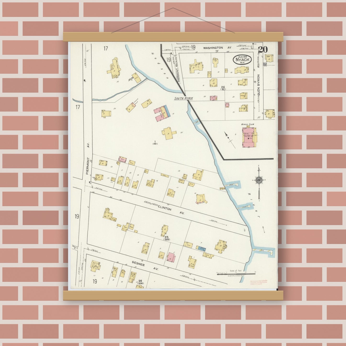 Old map wall art mockup — magnetic wood frame on brick wall — Sanborn Fire Insurance Map from Nyack, Rockland County, New York. (1919), Sheet #0020