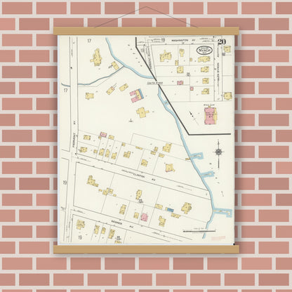 Old map wall art mockup — magnetic wood frame on brick wall — Sanborn Fire Insurance Map from Nyack, Rockland County, New York. (1919), Sheet #0020