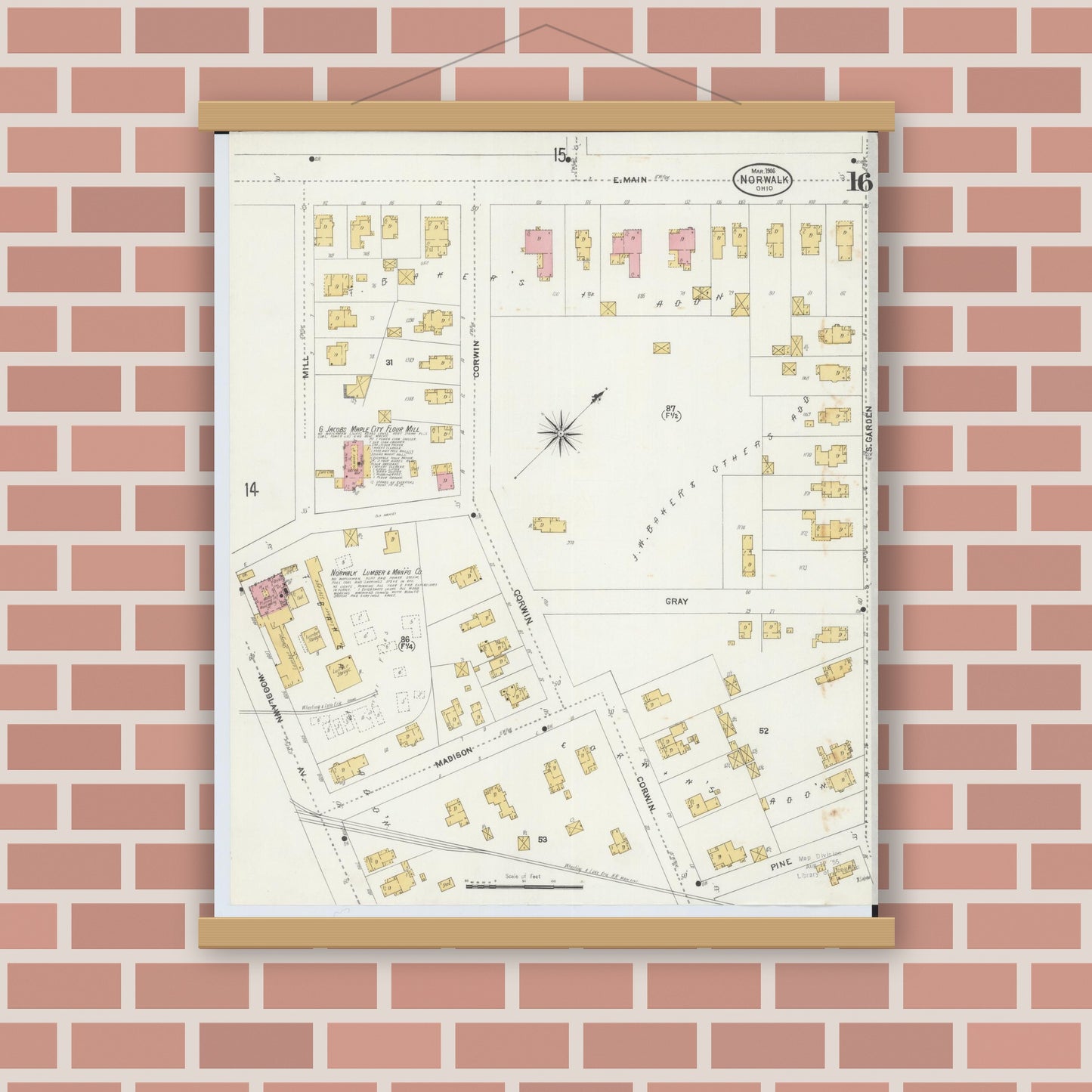 Old map wall art mockup — magnetic wood frame on brick wall — Sanborn Fire Insurance Map from Norwalk, Huron County, Ohio (1906), Sheet #0016