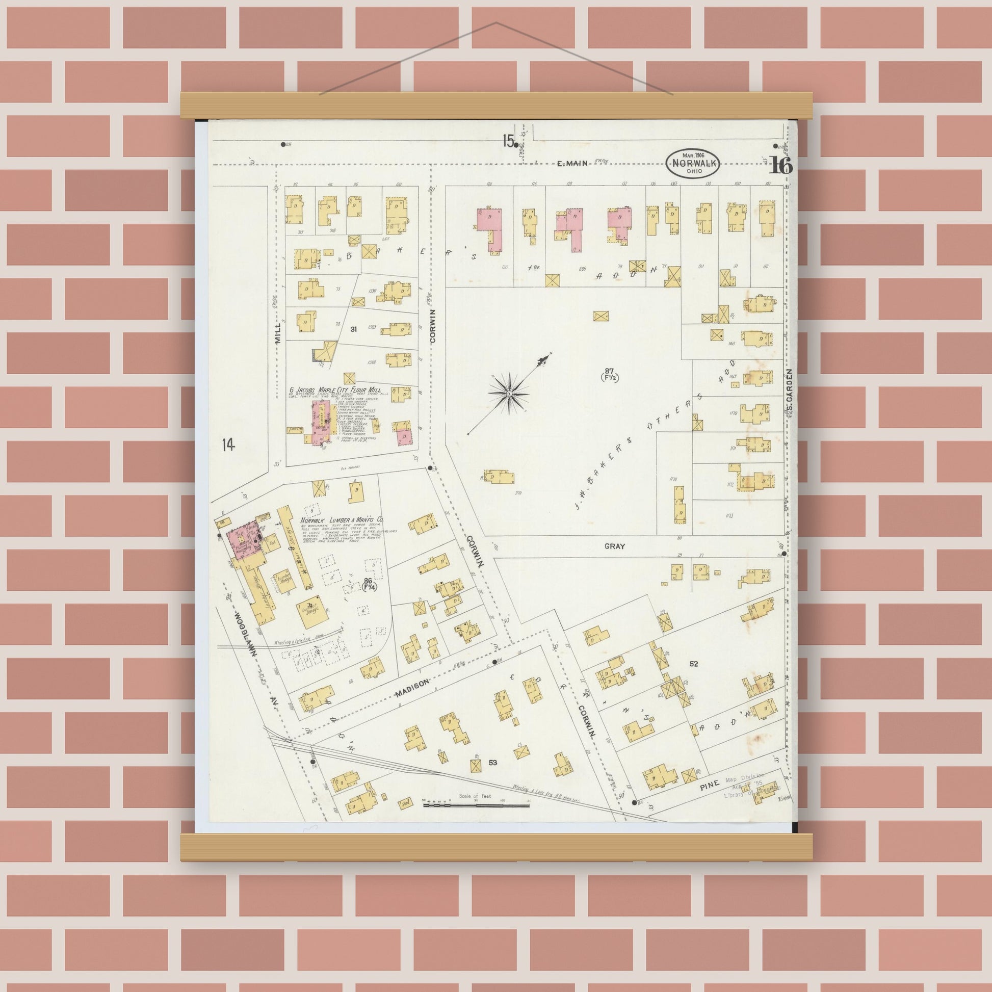 Old map wall art mockup — magnetic wood frame on brick wall — Sanborn Fire Insurance Map from Norwalk, Huron County, Ohio (1906), Sheet #0016