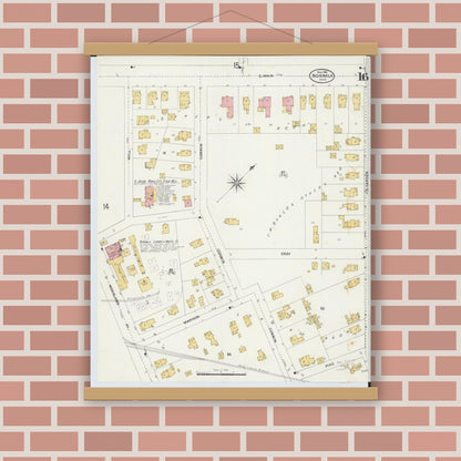 Old map wall art mockup — magnetic wood frame on brick wall — Sanborn Fire Insurance Map from Norwalk, Huron County, Ohio (1906), Sheet #0016
