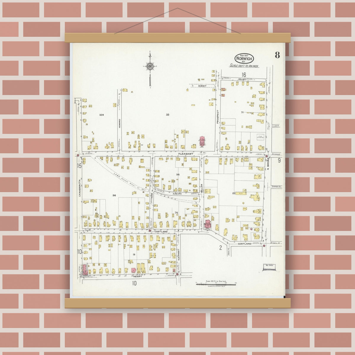 Old map wall art mockup — magnetic wood frame on brick wall — Sanborn Fire Insurance Map from Norwich, Chenango County, New York (1917), Sheet #0008