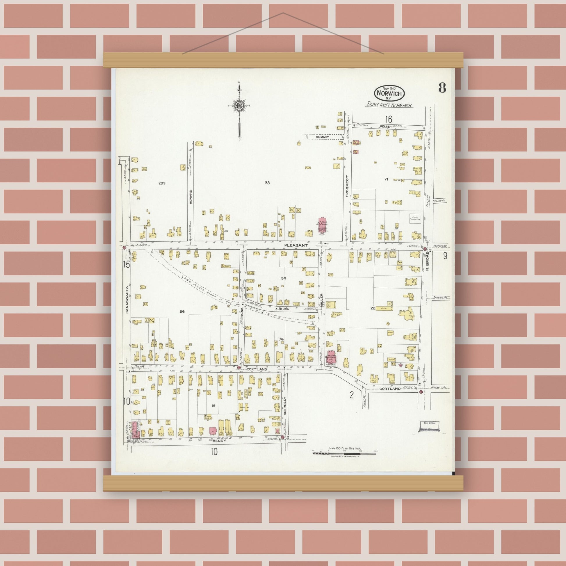 Old map wall art mockup — magnetic wood frame on brick wall — Sanborn Fire Insurance Map from Norwich, Chenango County, New York (1917), Sheet #0008