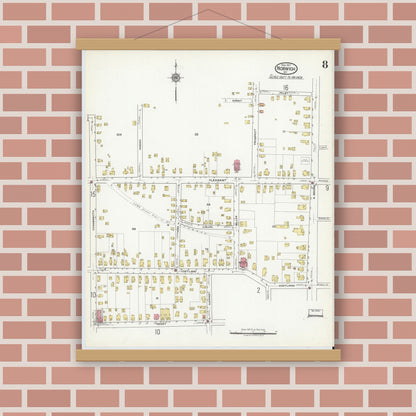 Old map wall art mockup — magnetic wood frame on brick wall — Sanborn Fire Insurance Map from Norwich, Chenango County, New York (1917), Sheet #0008