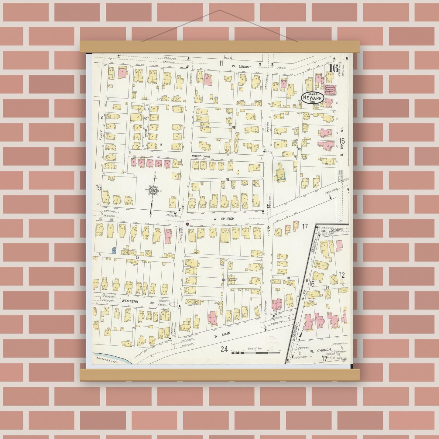 Old map wall art mockup — magnetic wood frame on brick wall — Sanborn Fire Insurance Map from Newark, Licking County, Ohio (1912), Sheet #0016