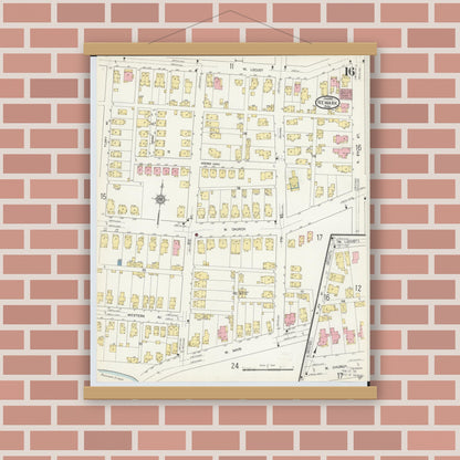 Old map wall art mockup — magnetic wood frame on brick wall — Sanborn Fire Insurance Map from Newark, Licking County, Ohio (1912), Sheet #0016